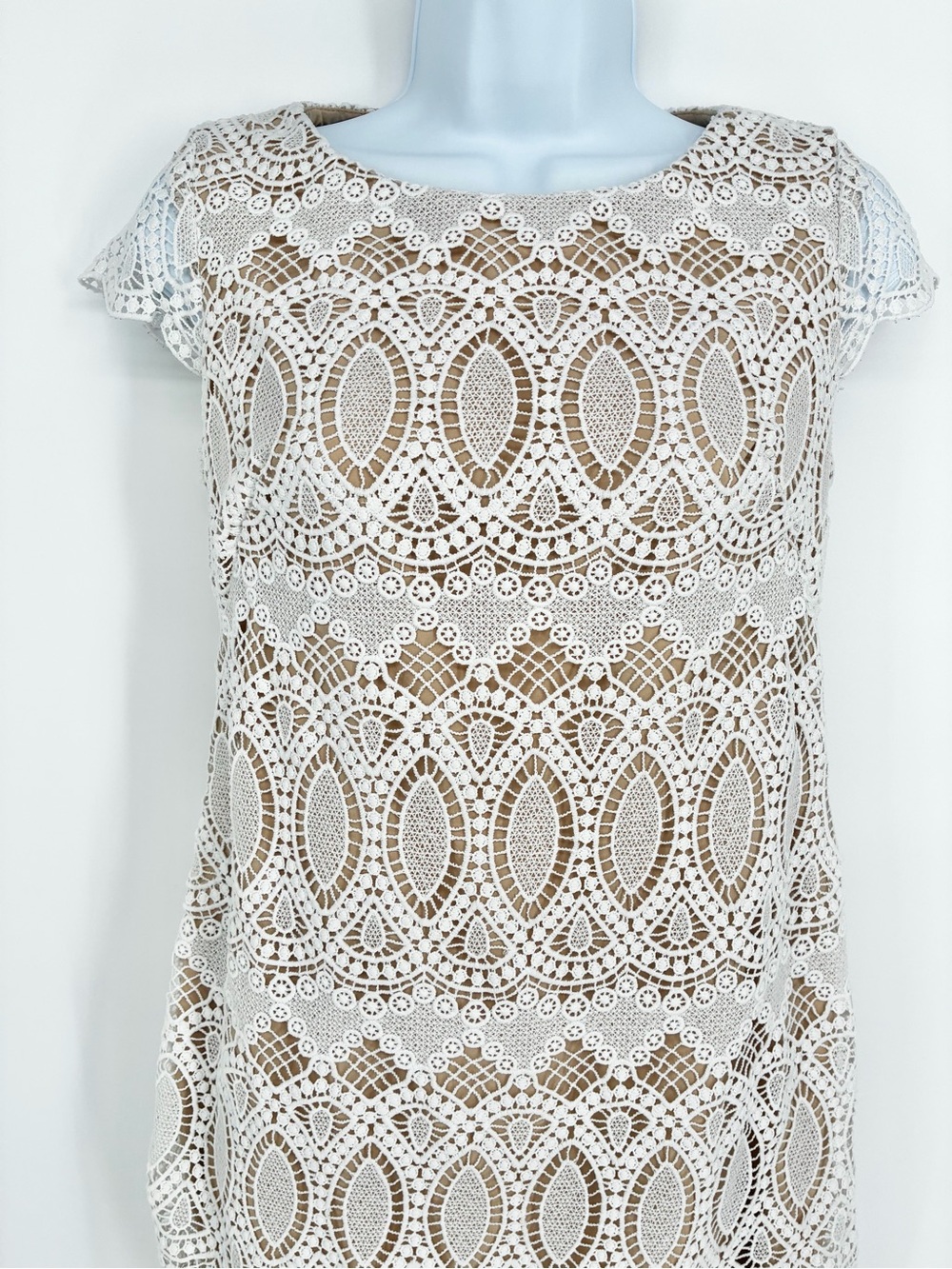 Eliza J White Medallion Lace Overlay Sheath Dress White Nude 2P - Picture 3 of 10